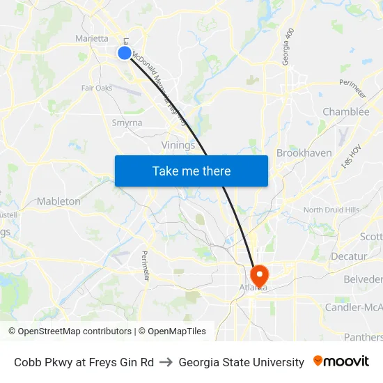 Cobb Pkwy at Freys Gin Rd to Georgia State University map
