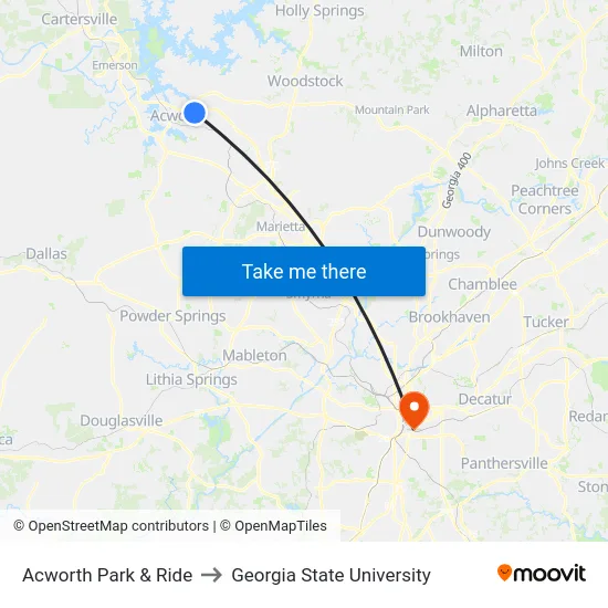 Acworth Park & Ride to Georgia State University map
