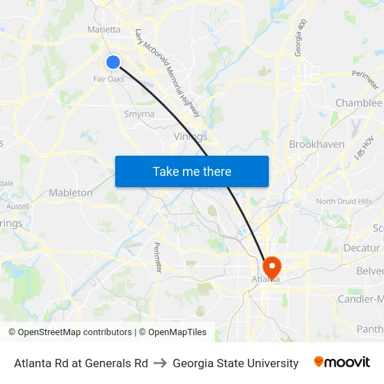 Atlanta Rd at Generals Rd to Georgia State University map