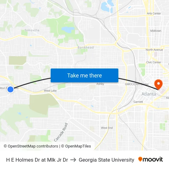 H E Holmes Dr at Mlk Jr Dr to Georgia State University map