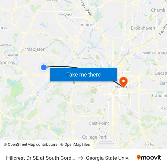 Hillcrest Dr SE at South Gordon Rd to Georgia State University map