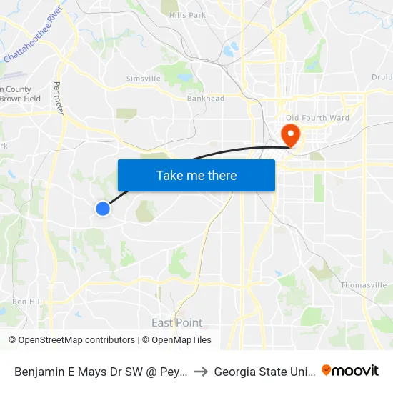Benjamin E Mays Dr SW @ Peyton Rd SW to Georgia State University map