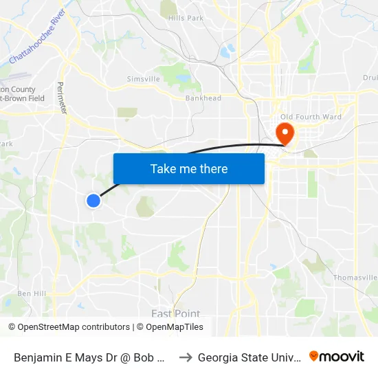 Benjamin E Mays Dr @ Bob White Dr to Georgia State University map