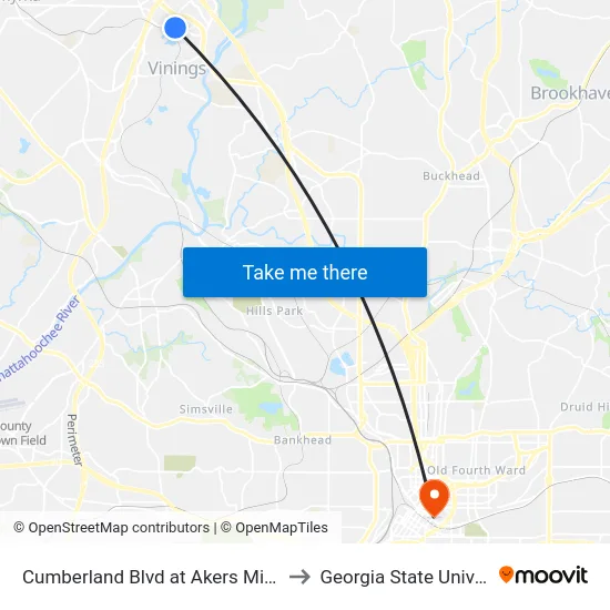 Cumberland Blvd at Akers Mill Rd SE to Georgia State University map