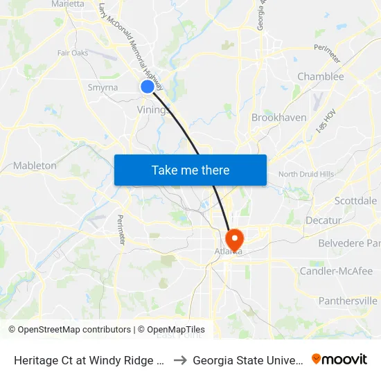 Heritage Ct at Windy Ridge Pkwy to Georgia State University map