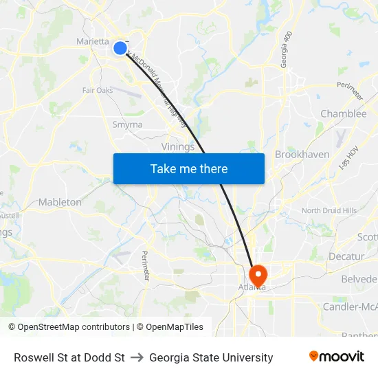 Roswell St at Dodd St to Georgia State University map