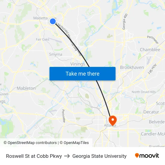 Roswell St at Cobb Pkwy to Georgia State University map
