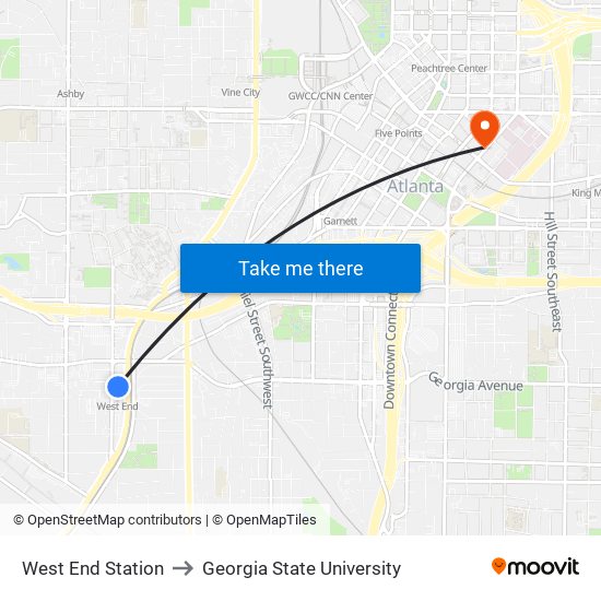 West End Station to Georgia State University map