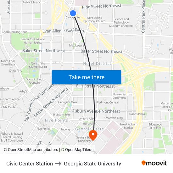 Civic Center Station to Georgia State University map