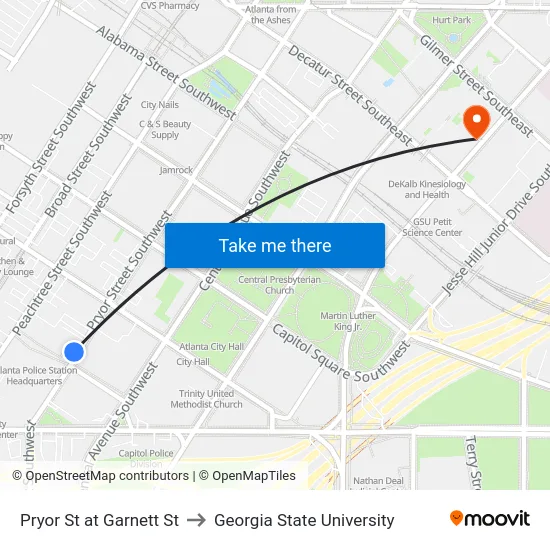 Pryor St at Garnett St to Georgia State University map