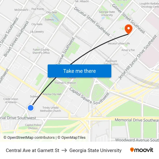 Central Ave at Garnett St to Georgia State University map