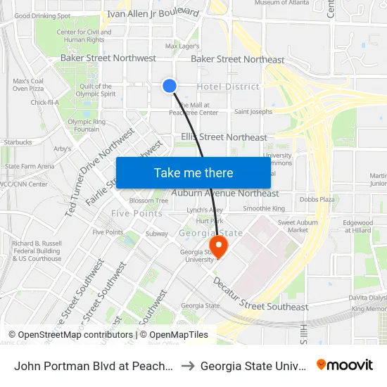 John Portman Blvd at Peachtree St to Georgia State University map