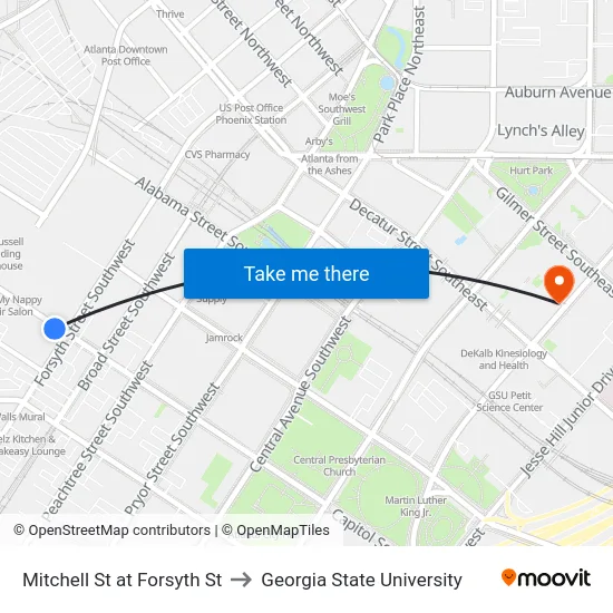Mitchell St at Forsyth St to Georgia State University map
