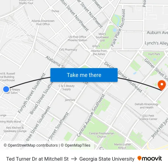 Ted Turner Dr at Mitchell St to Georgia State University map