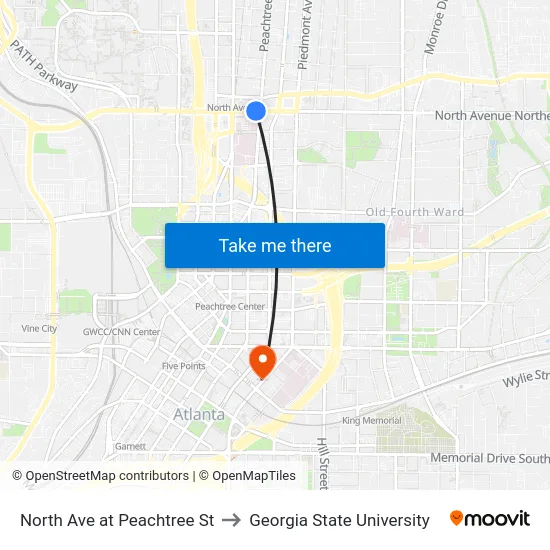 North Ave at Peachtree St to Georgia State University map