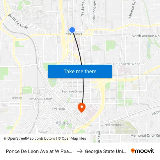 Ponce De Leon Ave at W Peachtree St to Georgia State University map