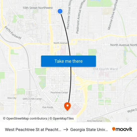 West Peachtree St at Peachtree Pl to Georgia State University map