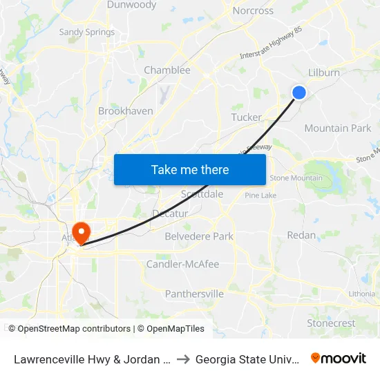 Lawrenceville Hwy & Jordan Dr Ob to Georgia State University map