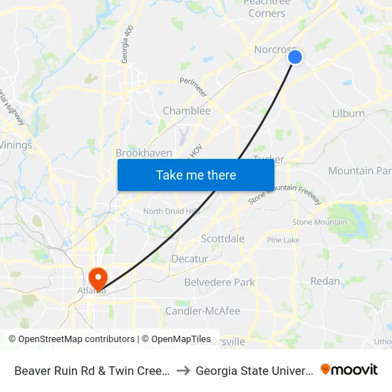 Beaver Ruin Rd & Twin Creek Dr to Georgia State University map