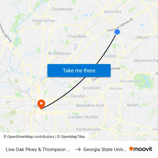 Live Oak Pkwy & Thompson Pkwy Ob to Georgia State University map