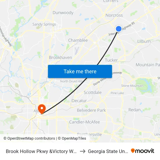 Brook Hollow Pkwy &Victory World Church to Georgia State University map