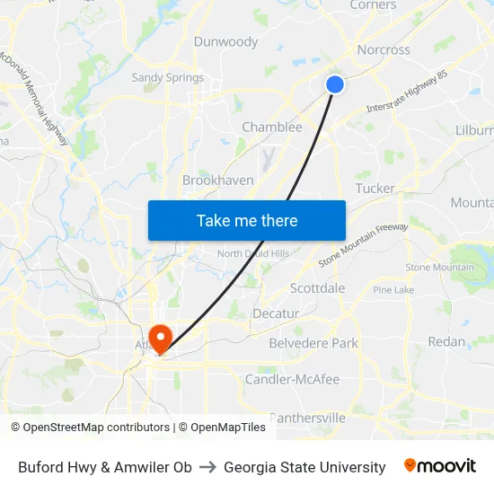 Buford Hwy & Amwiler Ob to Georgia State University map