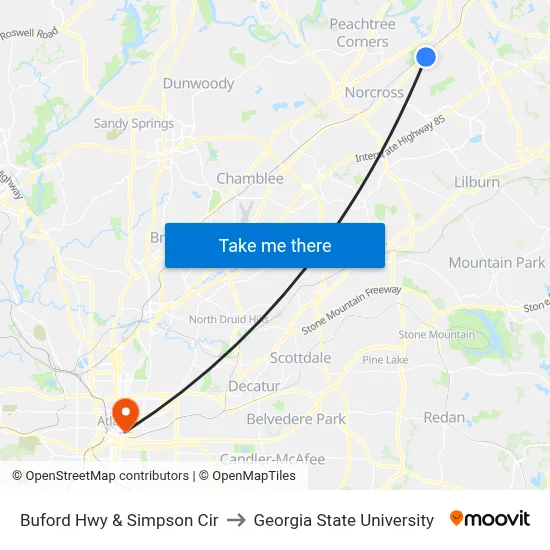 Buford Hwy & Simpson Cir to Georgia State University map
