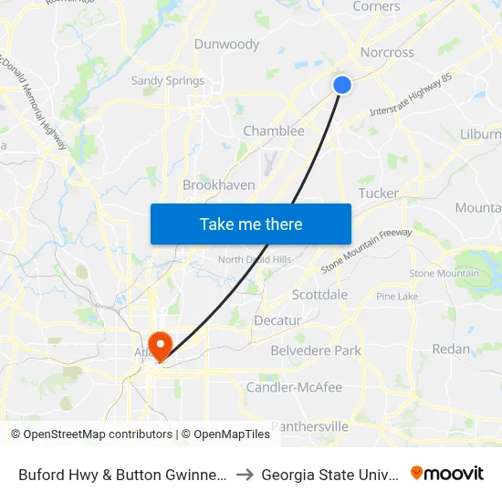 Buford Hwy & Button Gwinnett Dr Ib to Georgia State University map