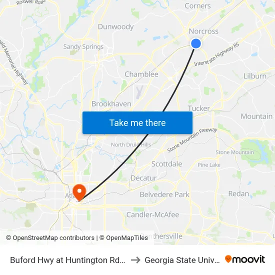 Buford Hwy at Huntington Rd Apts Ib to Georgia State University map