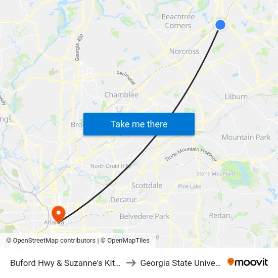 Buford Hwy & Suzanne's Kitchen to Georgia State University map