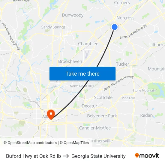 Buford Hwy at Oak Rd Ib to Georgia State University map