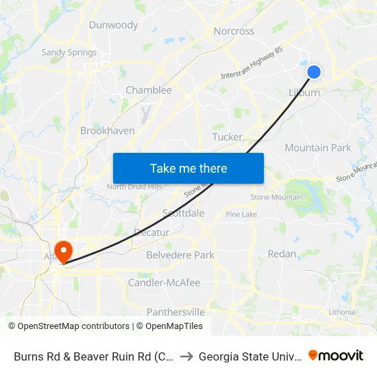 Burns Rd & Beaver Ruin Rd (Chevron) to Georgia State University map