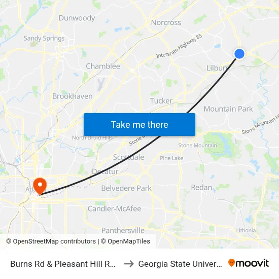 Burns Rd & Pleasant Hill Rd Ob to Georgia State University map