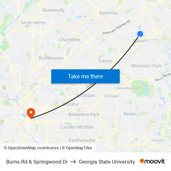 Burns Rd & Springwood Dr to Georgia State University map