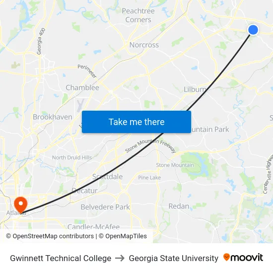 Gwinnett Technical College to Georgia State University map