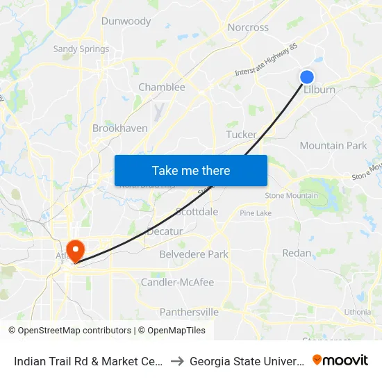 Indian Trail Rd & Market Center to Georgia State University map