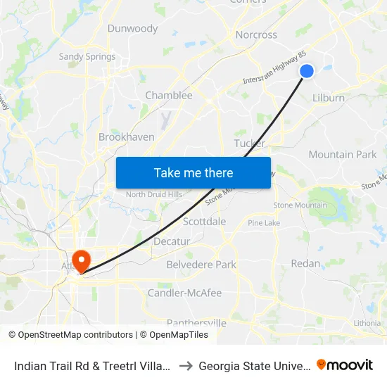Indian Trail Rd & Treetrl Village Plz to Georgia State University map