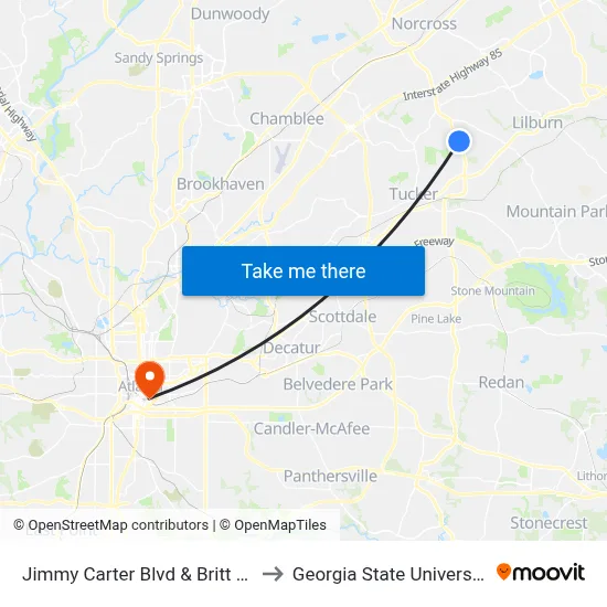 Jimmy Carter Blvd & Britt Rd to Georgia State University map