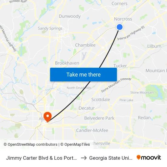 Jimmy Carter Blvd & Los Portales Rest to Georgia State University map