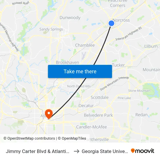 Jimmy Carter Blvd & Atlantic Blvd to Georgia State University map