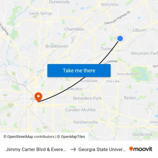 Jimmy Carter Blvd & Everest Tr to Georgia State University map