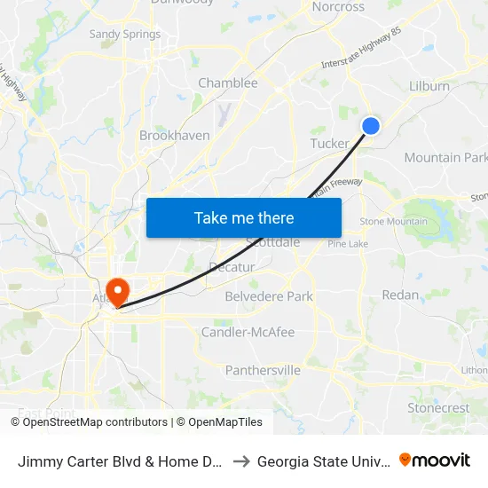 Jimmy Carter Blvd & Home Depot Ob to Georgia State University map