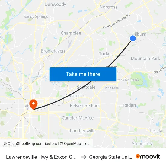 Lawrenceville Hwy & Exxon Gas Station to Georgia State University map