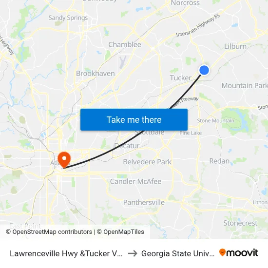 Lawrenceville Hwy &Tucker Valley Rd to Georgia State University map