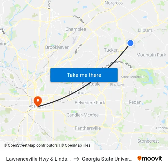 Lawrenceville Hwy & Linda Dr to Georgia State University map