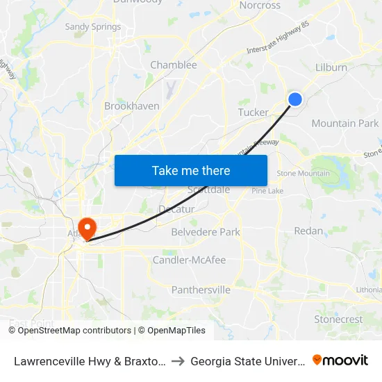 Lawrenceville Hwy & Braxton Pl to Georgia State University map