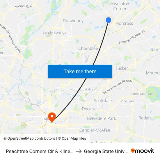 Peachtree Corners Cir & Kilnect Ct Ib to Georgia State University map