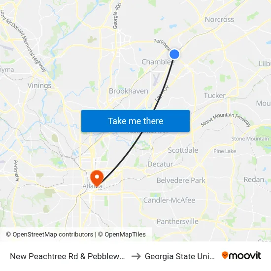 New Peachtree Rd & Pebblewood Apts to Georgia State University map