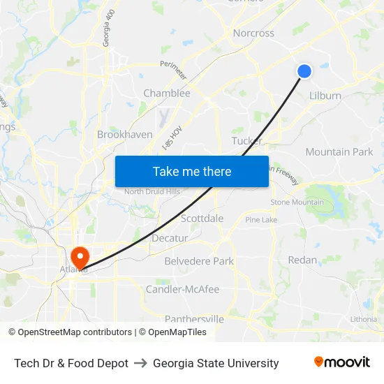 Tech Dr & Food Depot to Georgia State University map
