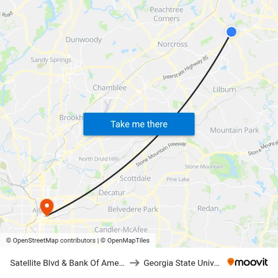 Satellite Blvd & Bank Of America Ib to Georgia State University map